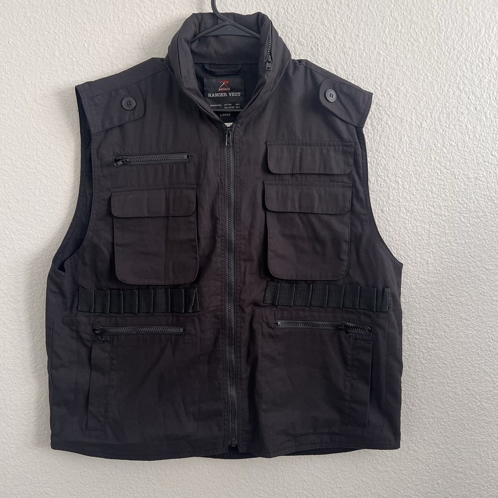 Rothco Ranger Vest Mens Large Black Tactical Military Utility Cargo Hooded Zip